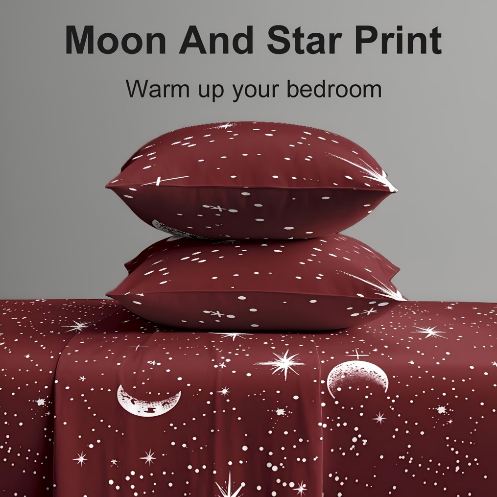 4Pcs Red Moon And Star Print M - đánh giá và giá Fitted Bed Sheets Deep Pocket