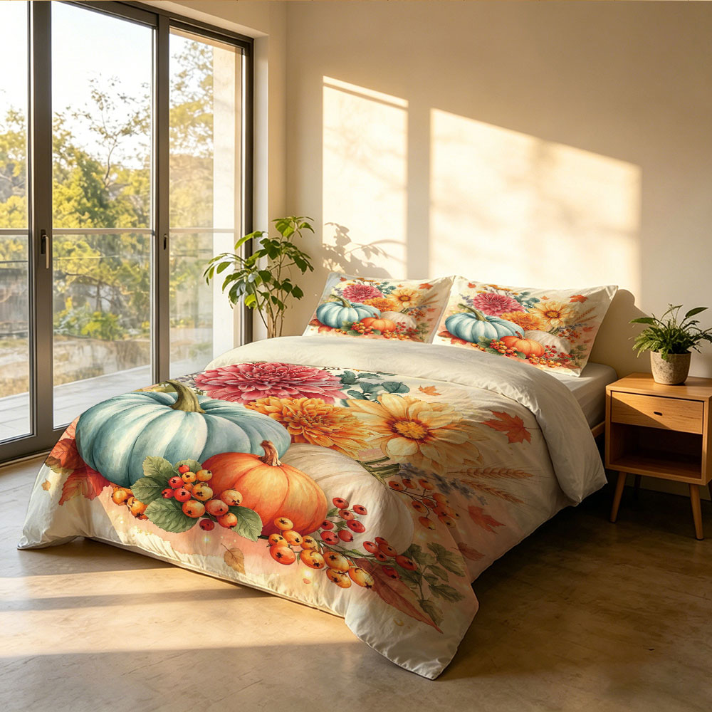 Watercolor Light Blue Pumpkin  - đánh giá và giá Aesthetic Floral Duvet Cover