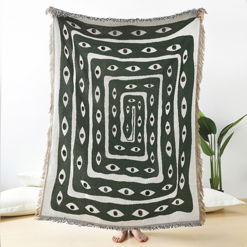 Green White Evil Eye Jacquard  - đánh giá và giá Boho Throw Blanket Fringe