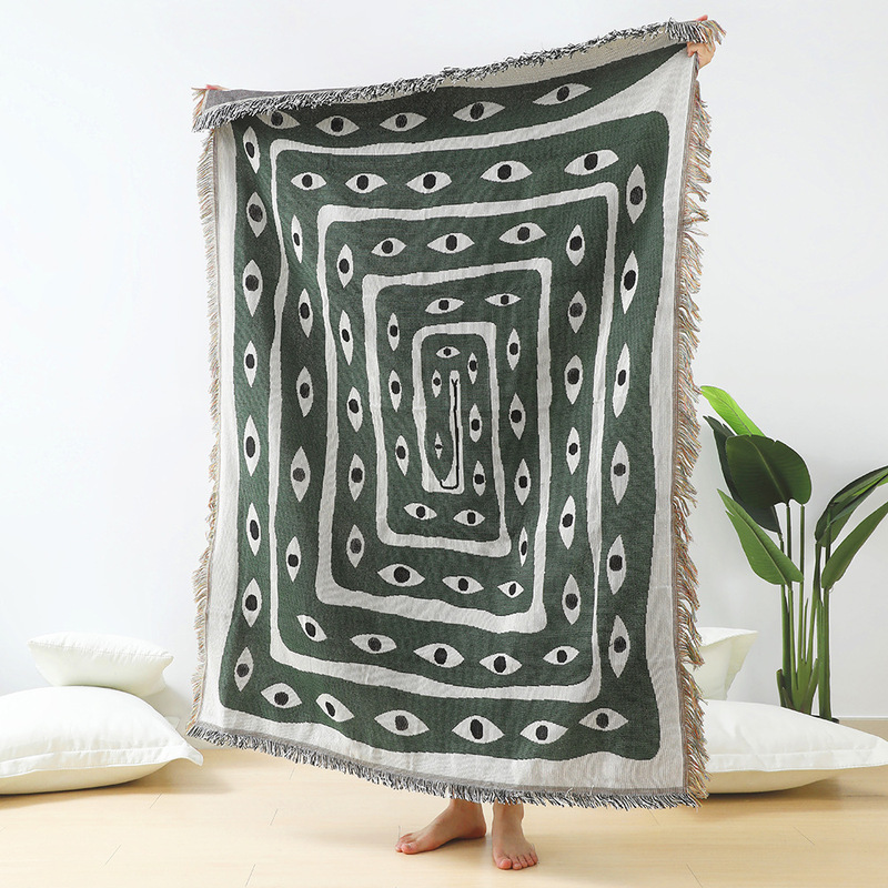 Green White Evil Eye Jacquard  - đánh giá và giá Boho Throw Blanket Fringe